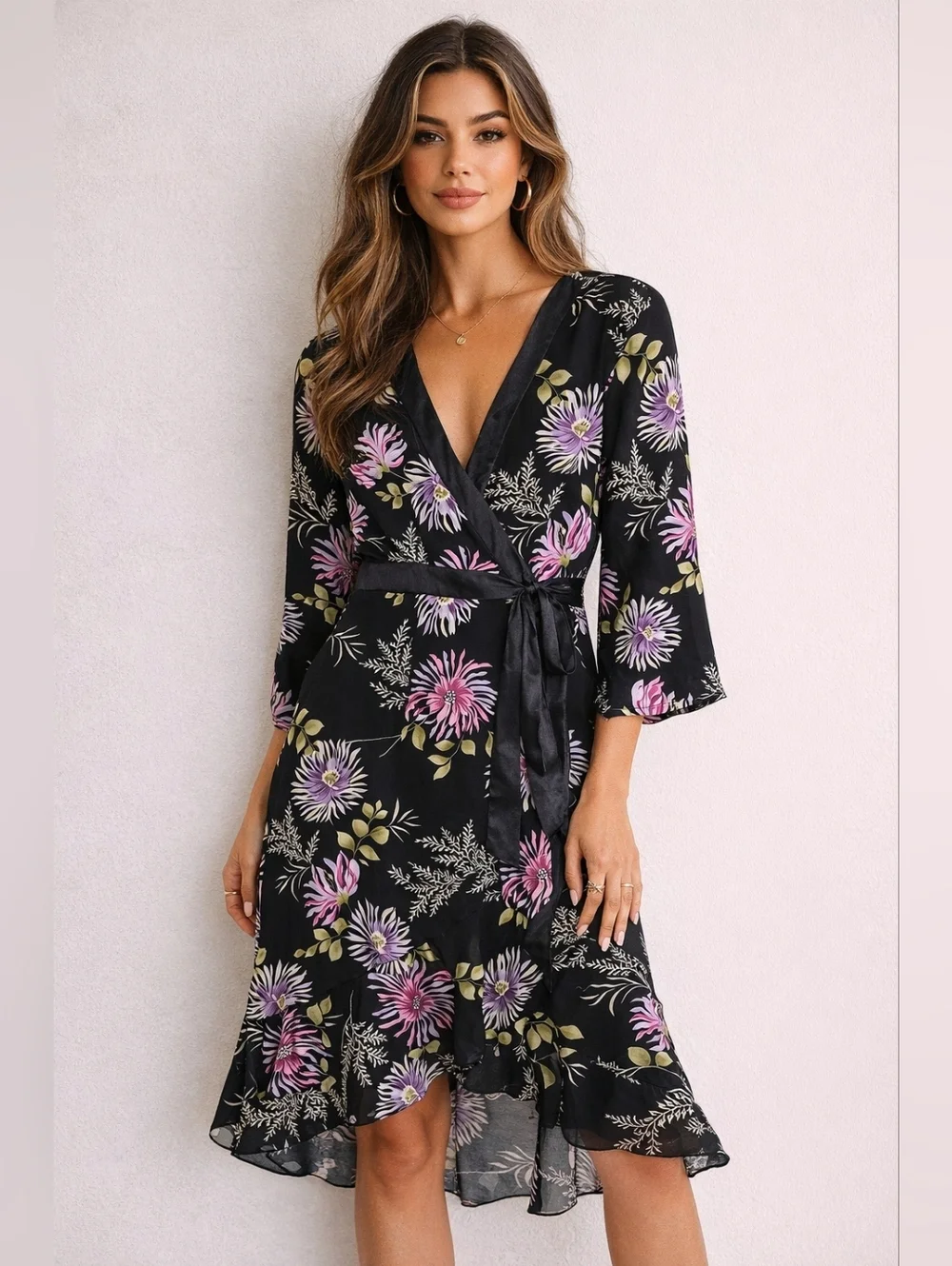 Beata Studio Los Angeles Floral Wrap Dress Size 14 Black Pink Midi Made in USA. - Picture 1 of 15